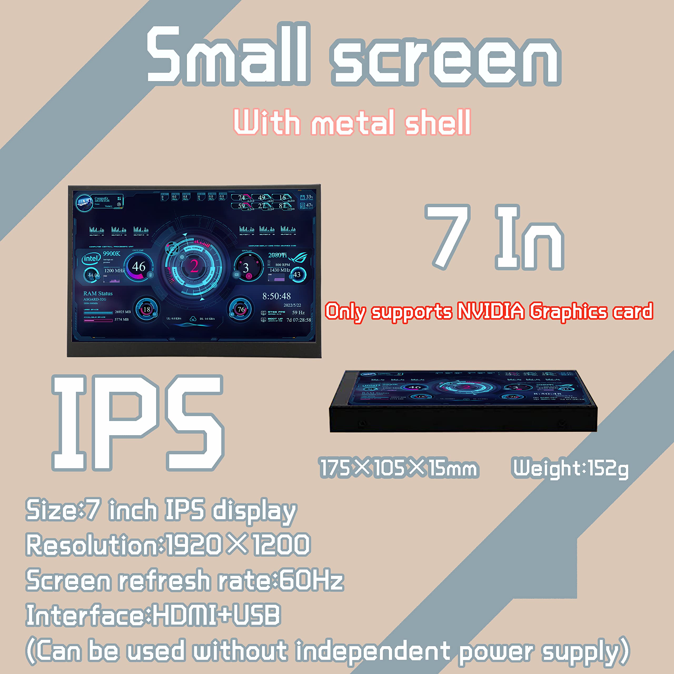 Vastarry 7 inch Monitor, Suitable for AIDA64 Hardware Monitor Panel Monitor, Dynamic Computer case Light Board, Computer Hardware Health Monitor Panel, DIY Music Spectrum.