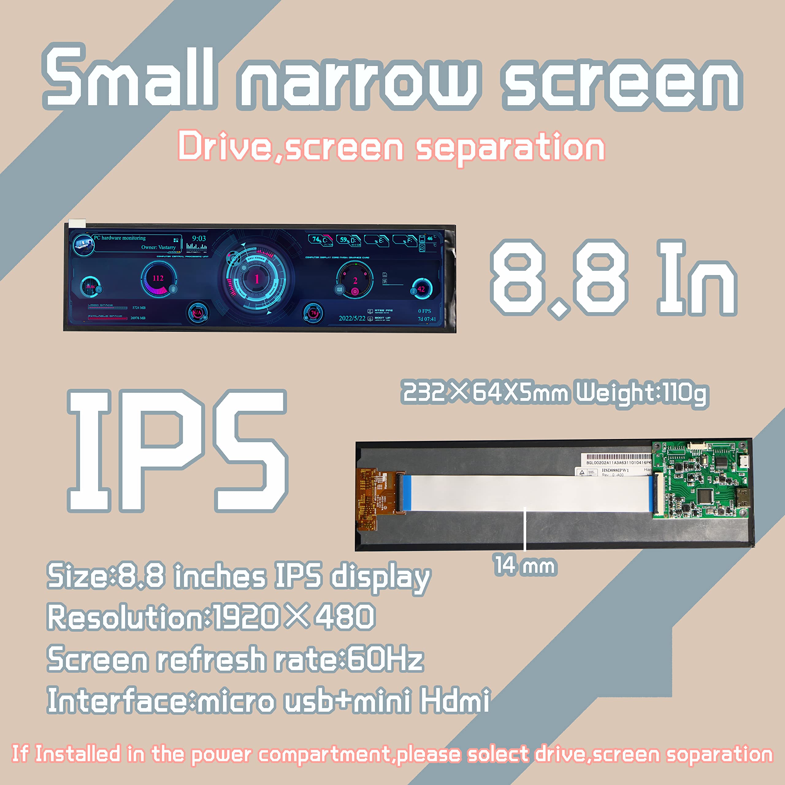 Vastarry 8.8 inch Monitor, Suitable for AIDA64 Hardware Monitor Panel Monitor, Dynamic Computer case Light Board, Computer Hardware Health Monitor Panel, DIY Music Spectrum. (NO casing)