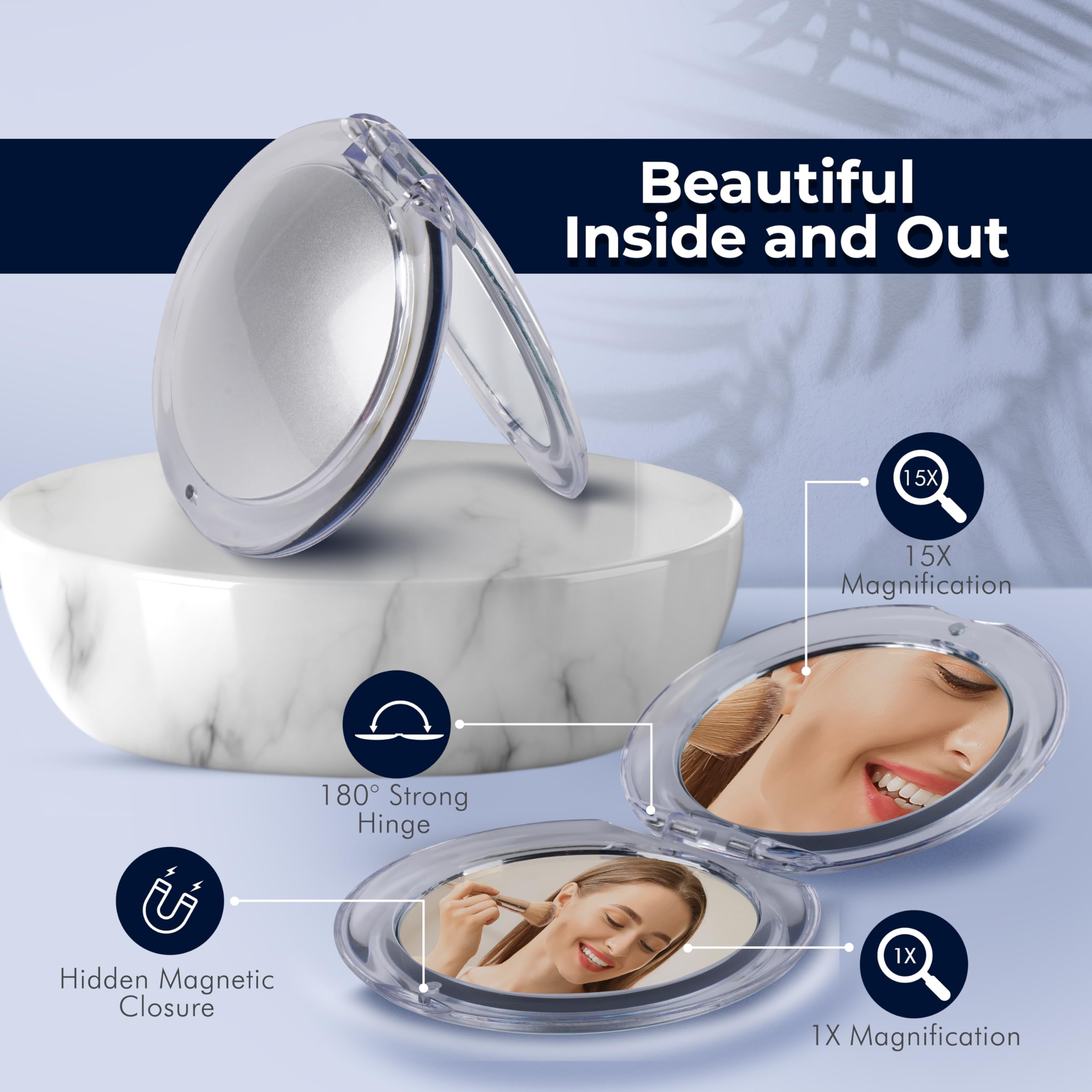 MIRRORVANA Small Compact 15X Magnifying Mirror for Travel - Handheld, Foldable & Very Lightweight - Mini Pocket-Sized Magnified Mirror for Purse - Round 3.3” Diameter