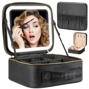 extrei gent makeup travel train case with mirror led light 3 adjustable brightness cosmetic bag portable storage adjustable partition waterproof brushes makeup jewelry gift for women, black