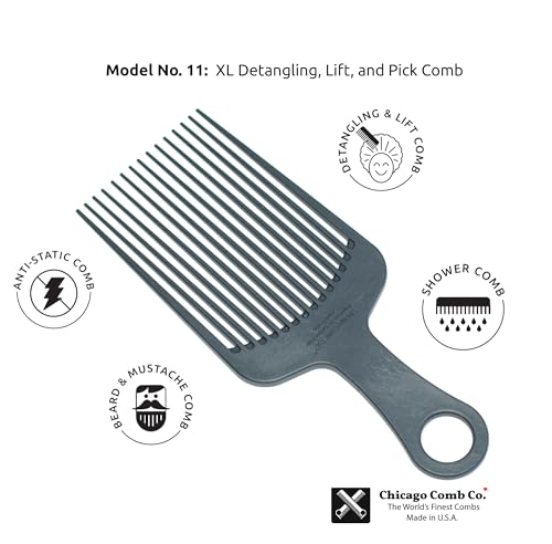 Chicago Comb Model 11 Carbon Fiber, Large Hair Pick, Anti-Static, 7.5 Inches (19 cm), Made in USA