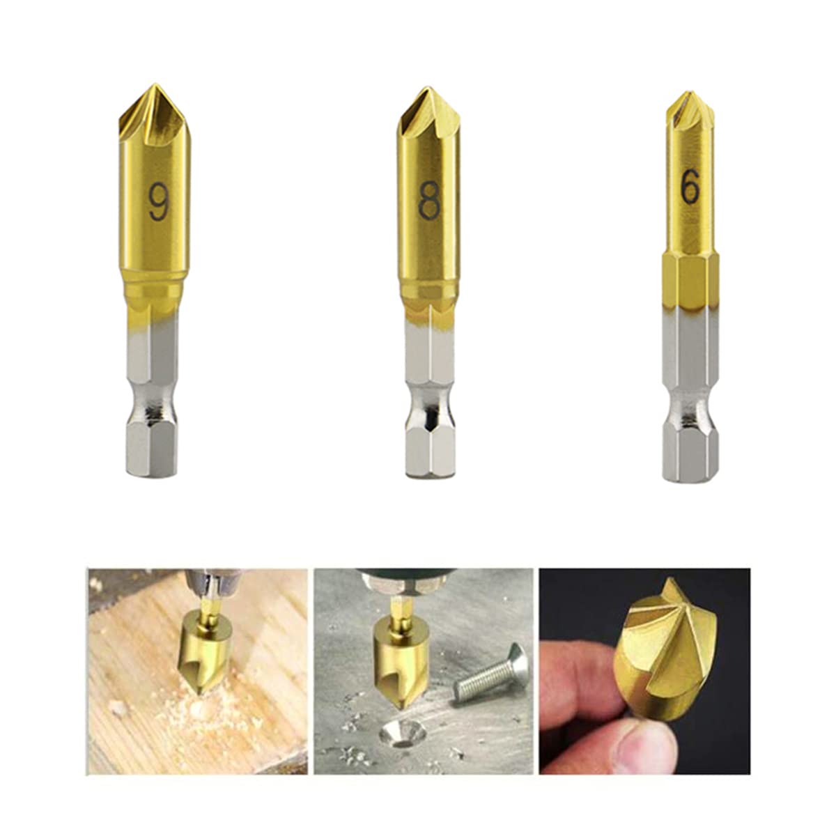 Countersink Drill Bit Set 3 Pcs 5 Flute Counter Sinker Drill Bits Tools HSS 1/4" Hex Shank for Wood Metal Quick Change 6mm 8mm 9mm(Small)