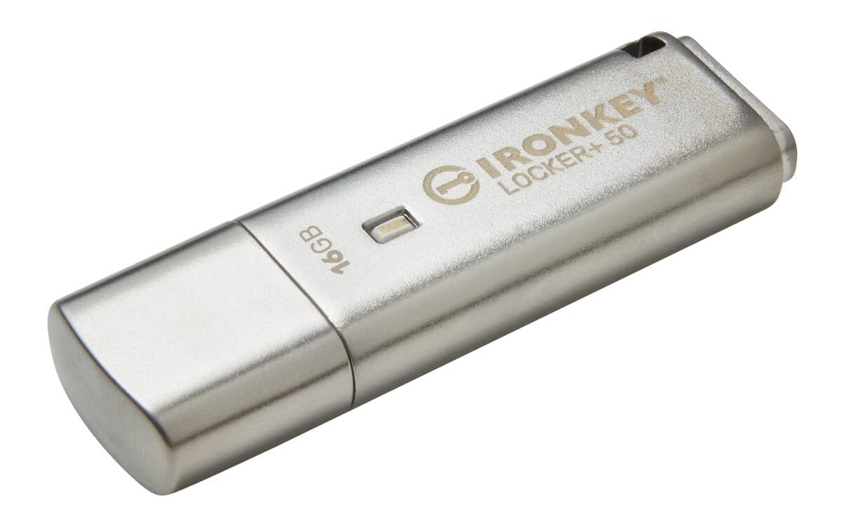 Kingston Ironkey Locker+ 50 16GB Encrypted USB Flash Drive | USB 3.2 Gen 1 | XTS-AES Protection | Multi-Password Security Options | Automatic Cloud Backup | Metal Casing | IKLP50/16GB,Silver