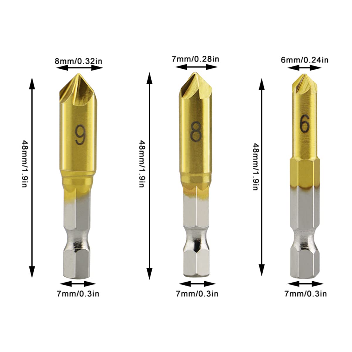 Countersink Drill Bit Set 3 Pcs 5 Flute Counter Sinker Drill Bits Tools HSS 1/4" Hex Shank for Wood Metal Quick Change 6mm 8mm 9mm(Small)