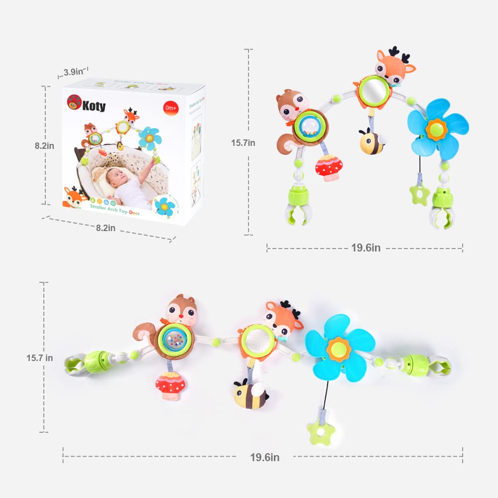 Koty Baby Stroller Arch Toy with Teether, Rattle, Crinkle Sound, Mirror & Music Box, Newborns Sensory Activity Carrier Take-Along Toy, Adjustable for Bouncers, Car Seat & Pram 0M+(Deer)