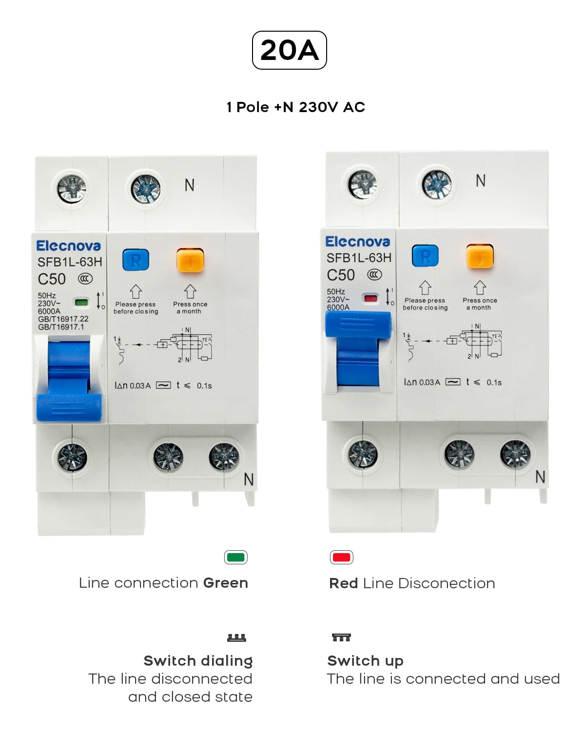 Elecnova 6-63A Miniature Circuit Breaker, 1Pole+N AC 20 Amp 230V, DIN Rail Mounted, Circuit Leakage, Overload, Short-Circuit Protection, 110V / 120V Available