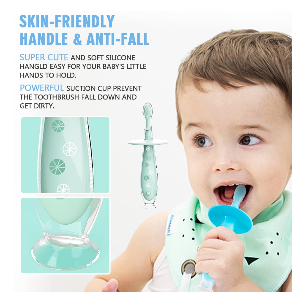 Kisdream Infant Baby Toddler Kid Toothbrush:Chewable Extra Soft Bristle Beginner Brushing Teeth for 2 Months - 5 Year Old Stage 1-3 Age Training First Suction Tooth Brush Set Bpa Free (MT2404)