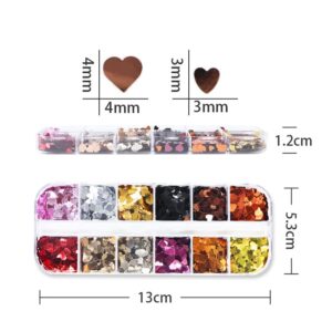 12 Grid 3D Love Heart Holographic Nail Art Sequins Valentine's Day Nail Supplies Valentine Heart Nail Glitters Sequins Heart Nail Acrylic Decorations DIY Nail Beauty Accessories for Women Girls