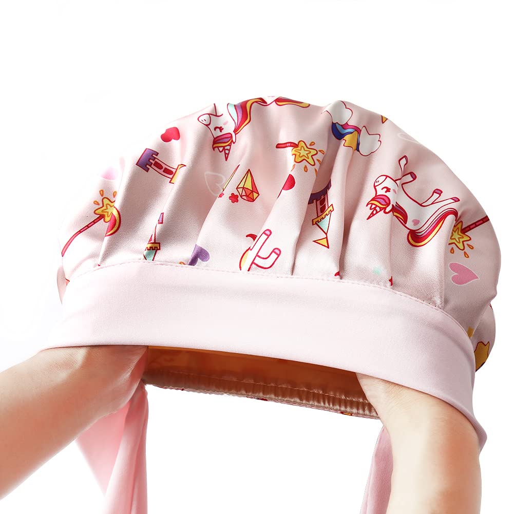 greatremy Unicorns Satin Sleep Bonnet with Elastic Band for Kids Ajustable Sleep Cap for Curly Hair Medium