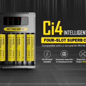 Nitecore Ci4 Four Bay Universal Battery Charger Support 16340 14500 18650 21700 Lithium Ion AA AAA Ni-MH Ni-CD, USB-C QC PD with Lumentac Battery Organizer