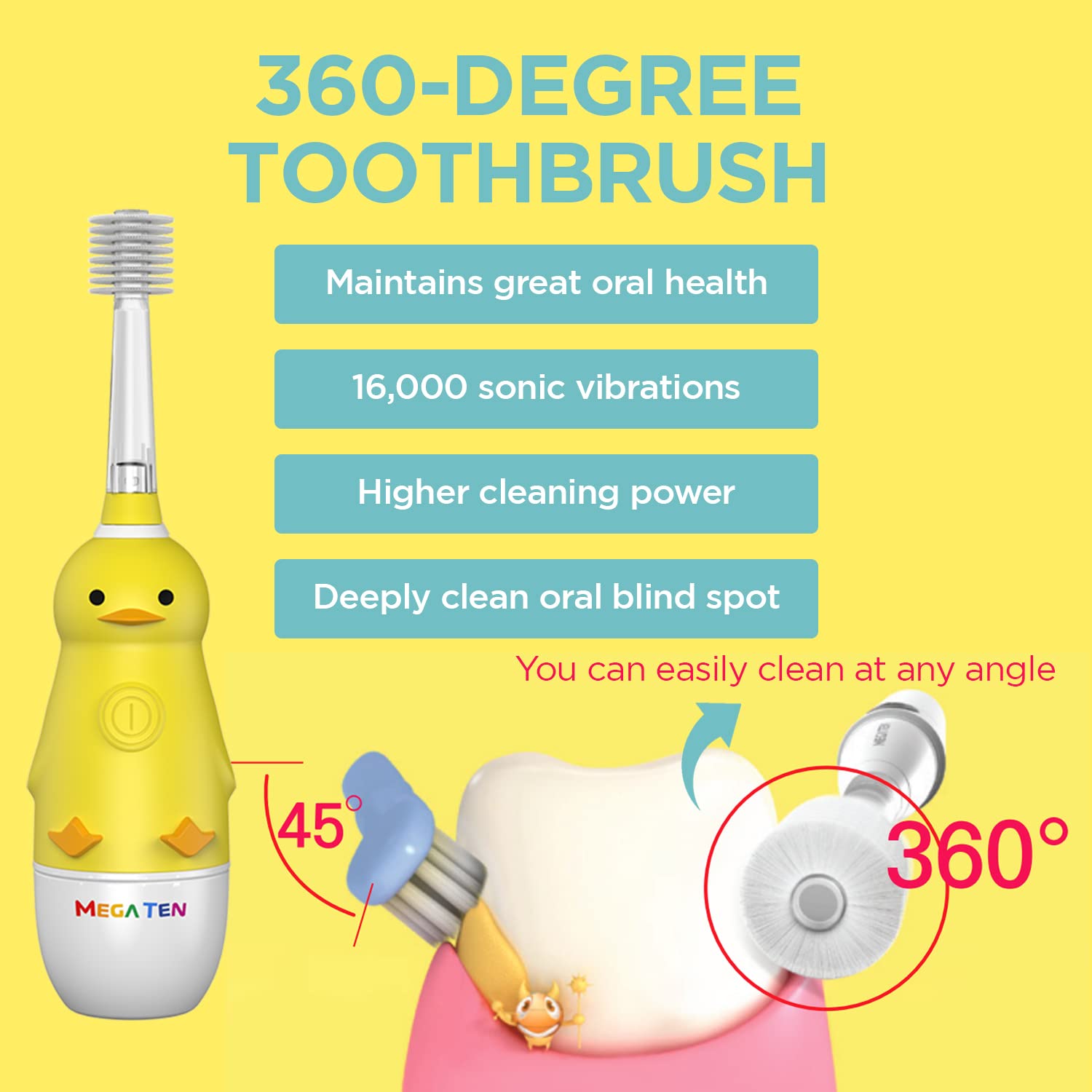 MEGA TEN 360-Degree Kids Electric Toothbrush Made in Korea | LED Light & Soft Microfiber Bristles & Comfortable Grip | Fun & Easy Brushing for Kids 12-48 Months | Built-in Timer | BPA Free | Duck