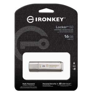 Kingston Ironkey Locker+ 50 16GB Encrypted USB Flash Drive | USB 3.2 Gen 1 | XTS-AES Protection | Multi-Password Security Options | Automatic Cloud Backup | Metal Casing | IKLP50/16GB,Silver