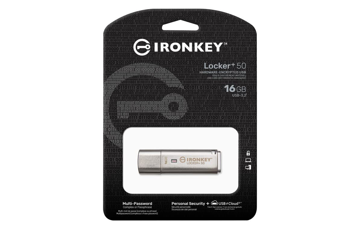 Kingston Ironkey Locker+ 50 16GB Encrypted USB Flash Drive | USB 3.2 Gen 1 | XTS-AES Protection | Multi-Password Security Options | Automatic Cloud Backup | Metal Casing | IKLP50/16GB,Silver