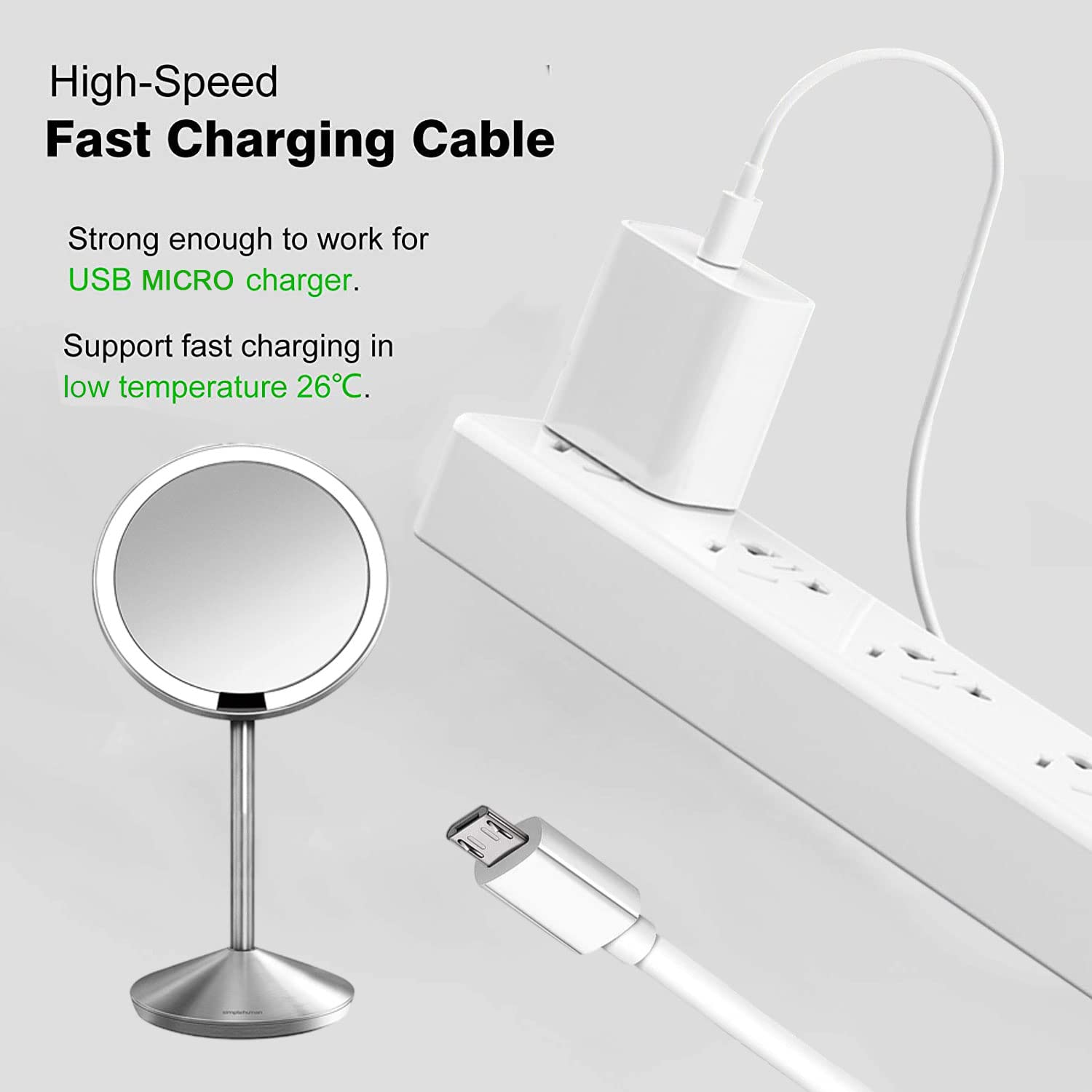 Rahhaze 5 Ft Micro USB Charging Cord Fit for Simplehuman Mirror 5" 8" Round Lighted Makeup Mirror Charger Adapter - White