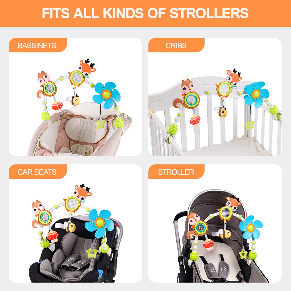 Koty Baby Stroller Arch Toy with Teether, Rattle, Crinkle Sound, Mirror & Music Box, Newborns Sensory Activity Carrier Take-Along Toy, Adjustable for Bouncers, Car Seat & Pram 0M+(Deer)