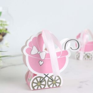 efavormart 25 pack | pink baby paper stroller party favor gift boxes, cardstock carriage candy boxes with ribbon ties - 4.5"x2"x4"