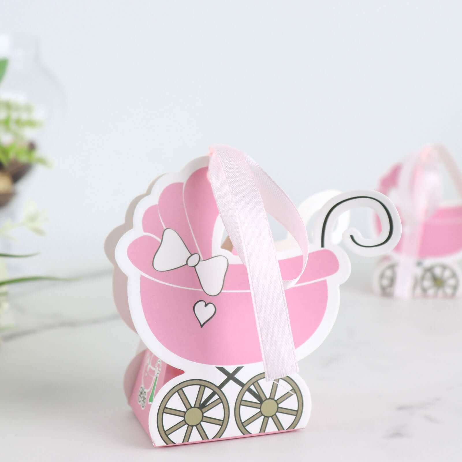 Efavormart 25 Pack | Pink Baby Paper Stroller Party Favor Gift Boxes, Cardstock Carriage Candy Boxes with Ribbon Ties - 4.5"x2"x4"