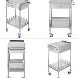 Lab Serving Cart, 2-Layer Utility Cart Stainless Steel with Wheels Rolling Cart, Commercial Wheel Dental Lab Cart Utility Services with Single Drawer and Silent Omnidirectional Lockable Wheel