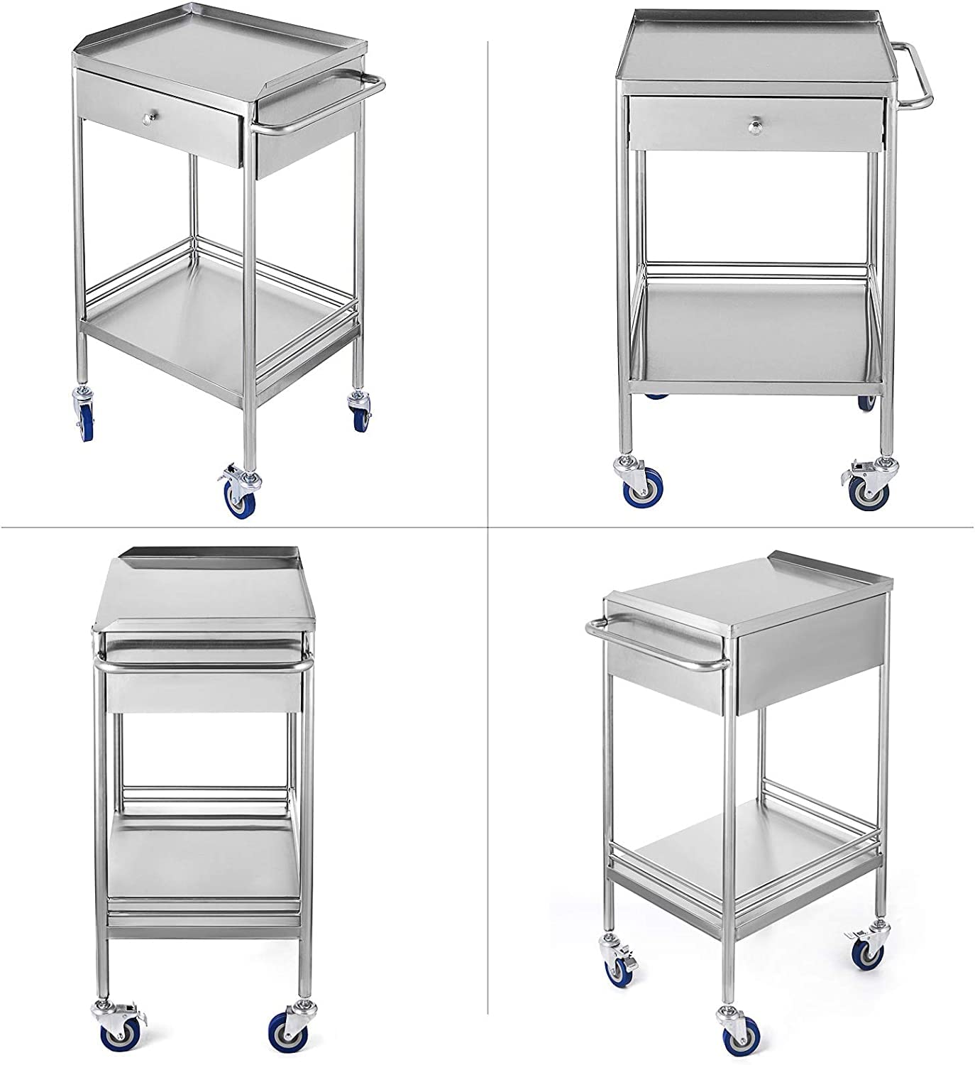 Lab Serving Cart, 2-Layer Utility Cart Stainless Steel with Wheels Rolling Cart, Commercial Wheel Dental Lab Cart Utility Services with Single Drawer and Silent Omnidirectional Lockable Wheel