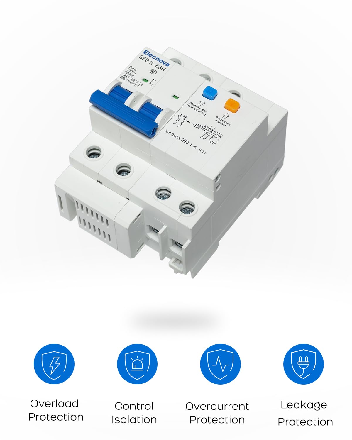 Elecnova 6-63A Miniature Circuit Breaker, 2Pole+N AC 63 Amp 230V, DIN-Rail Mounted MCB, Circuit Leakag, Overload, Short-Circuit Trip, 110V / 120V Available