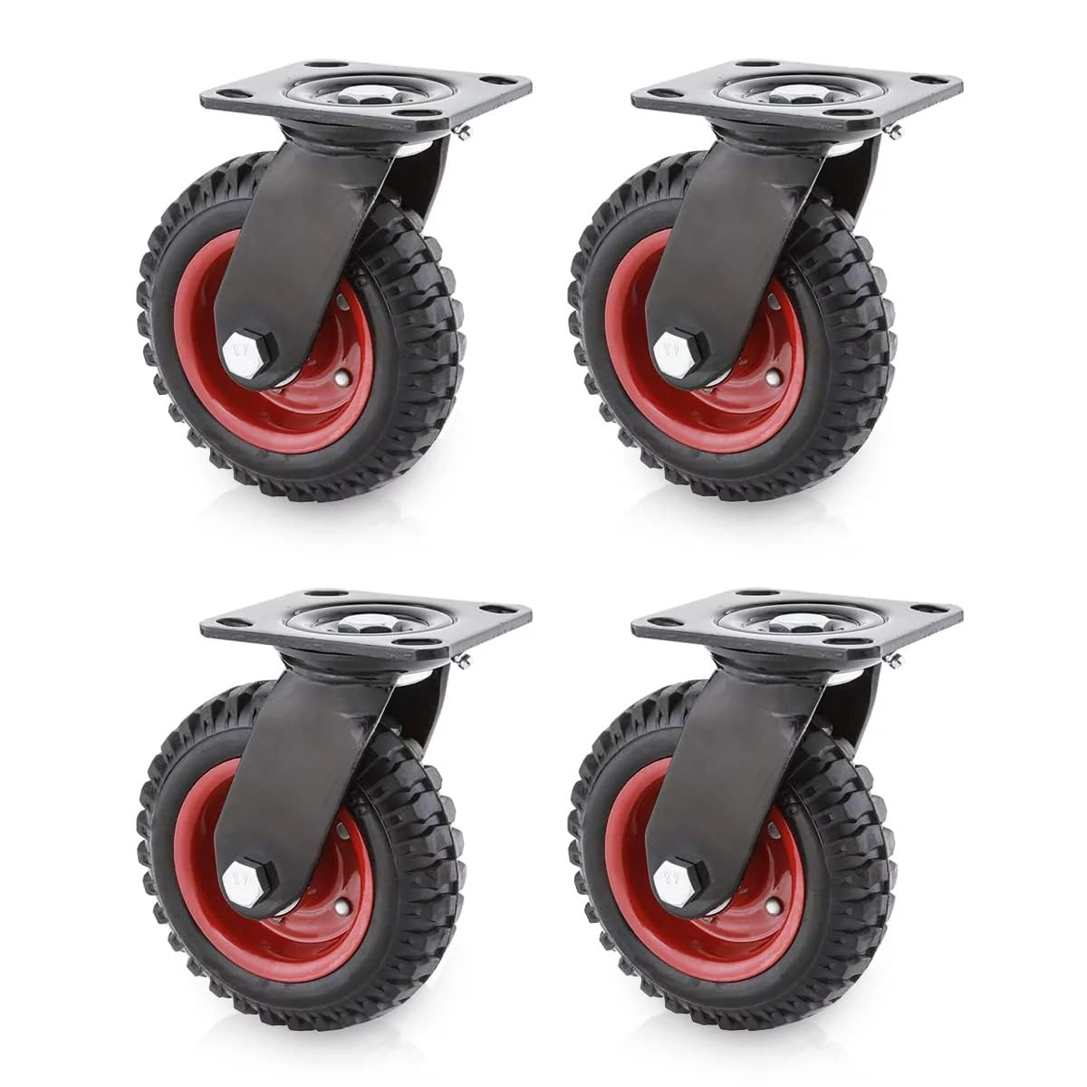 POWERTEC 6 Inch Caster Wheels Set of 4, Heavy Duty Swivel Plate Casters with Rubber Knobby Tread for Workbench, Dolly, Cart, Trolley, Wagon and Chicken Coop, Large Rubber Castor Wheels (17050-P4)