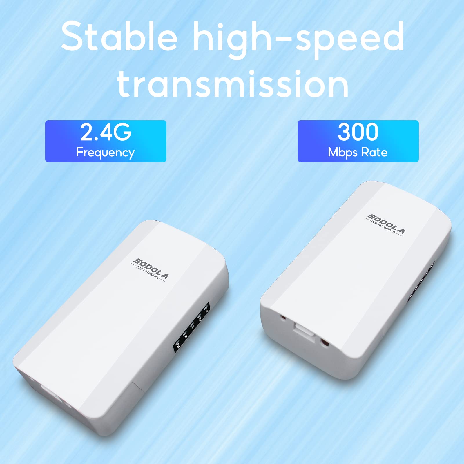 SODOLA WiFi Bridge 300Mbps, 2.4G Outdoor CPE Point to Point 1KM Long Range Access with 12DBi High Gain Antenna,2 RJ45 LAN Ethernet Port,24V PoE Power, IP65 Waterproof Wireless Bridge 2 Packs