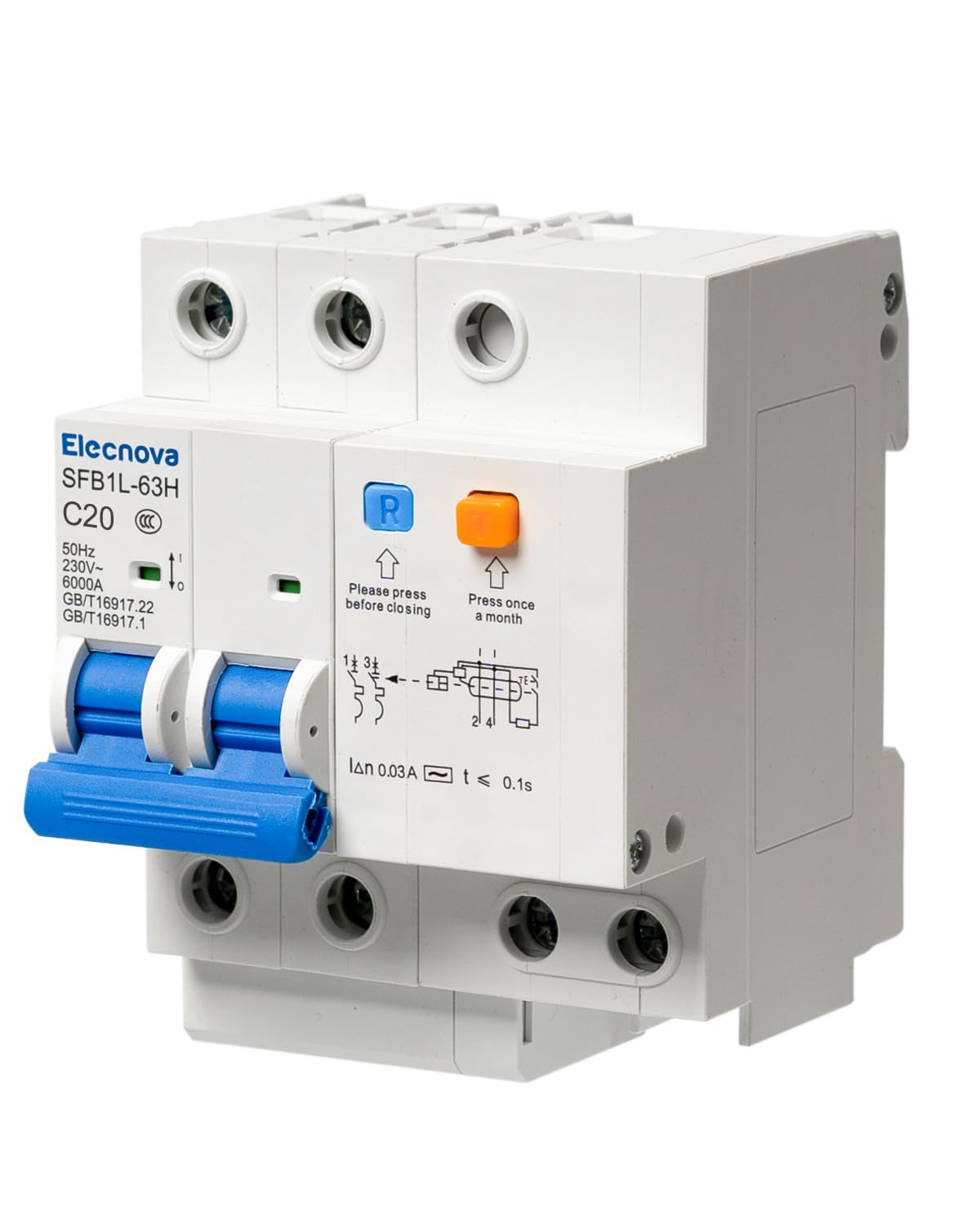 Elecnova 6-63A Miniature Circuit Breaker, 2Pole+N AC 20amp Breaker 230V, DIN-Rail Mounted MCB, Circuit Leakage, Overload, Short-Circuit Trip, 110V / 120V Available