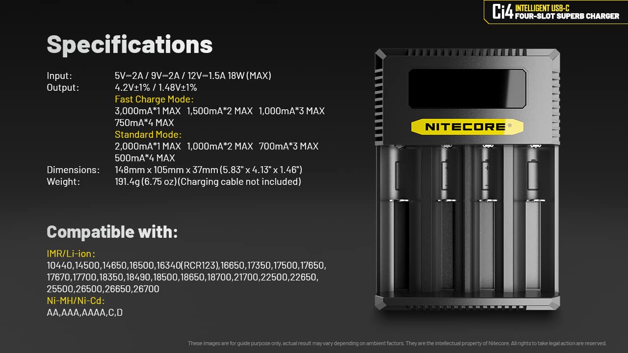 Nitecore Ci4 Four Bay Universal Battery Charger Support 16340 14500 18650 21700 Lithium Ion AA AAA Ni-MH Ni-CD, USB-C QC PD with Lumentac Battery Organizer