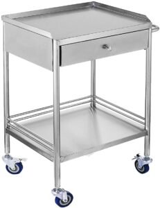 lab serving cart, 2-layer utility cart stainless steel with wheels rolling cart, commercial wheel dental lab cart utility services with single drawer and silent omnidirectional lockable wheel