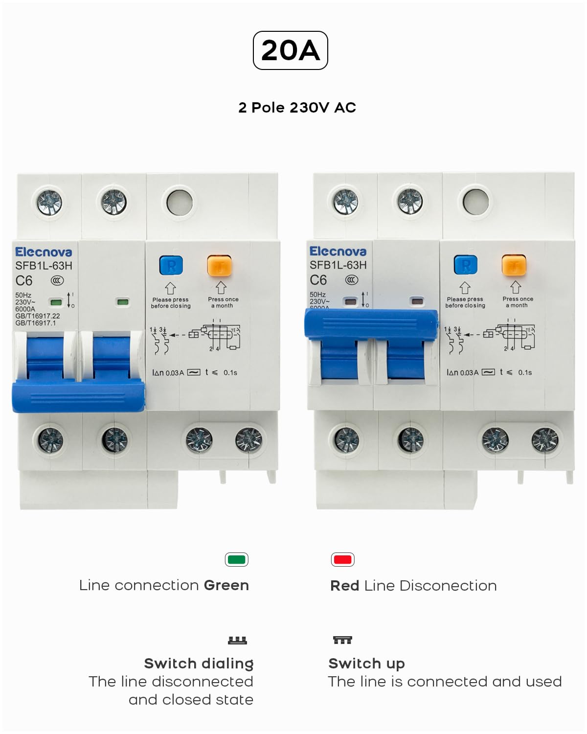 Elecnova 6-63A Miniature Circuit Breaker, 2Pole+N AC 20amp Breaker 230V, DIN-Rail Mounted MCB, Circuit Leakage, Overload, Short-Circuit Trip, 110V / 120V Available