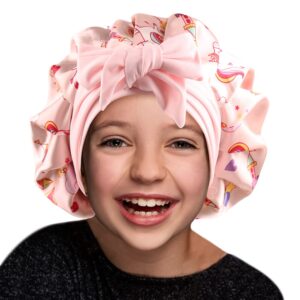 greatremy unicorns satin sleep bonnet with elastic band for kids ajustable sleep cap for curly hair medium