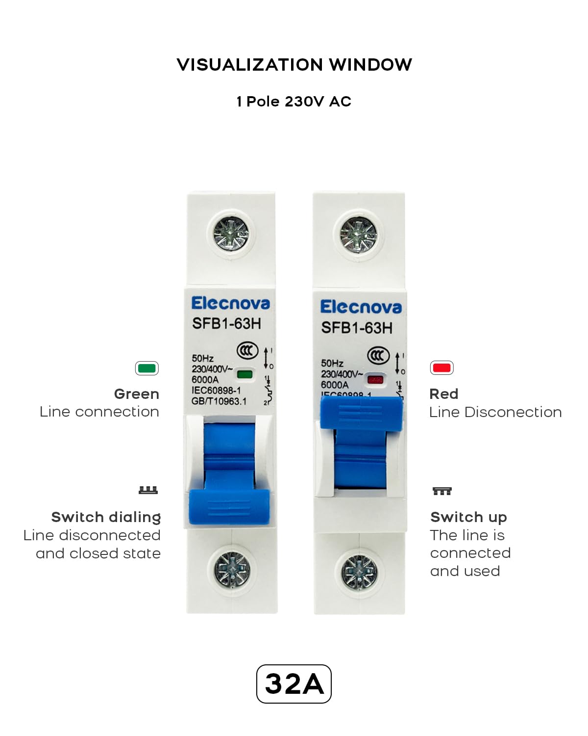 Elecnova 6-63A AC Miniature Circuit Breaker, 1 Pole 32 Amp 230V, DIN Rail Mounted Circuit Breakers, Overload, Short-Circuit Tripping, MCB, 110V / 120V Available