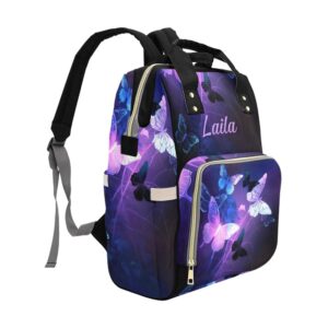 XOZOTY Fantasy Purple Butterfly Diaper Bags Backpack with Name Personalized Baby Bag Nursing Nappy Bag Travel Tote Bag Gifts