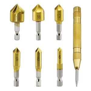 countersink drill bit set 6 pcs 5 flute counter sinker drill bits and 90 degree center punch tools hss 1/4" hex shank for wood metal quick change 6-19mm (7)