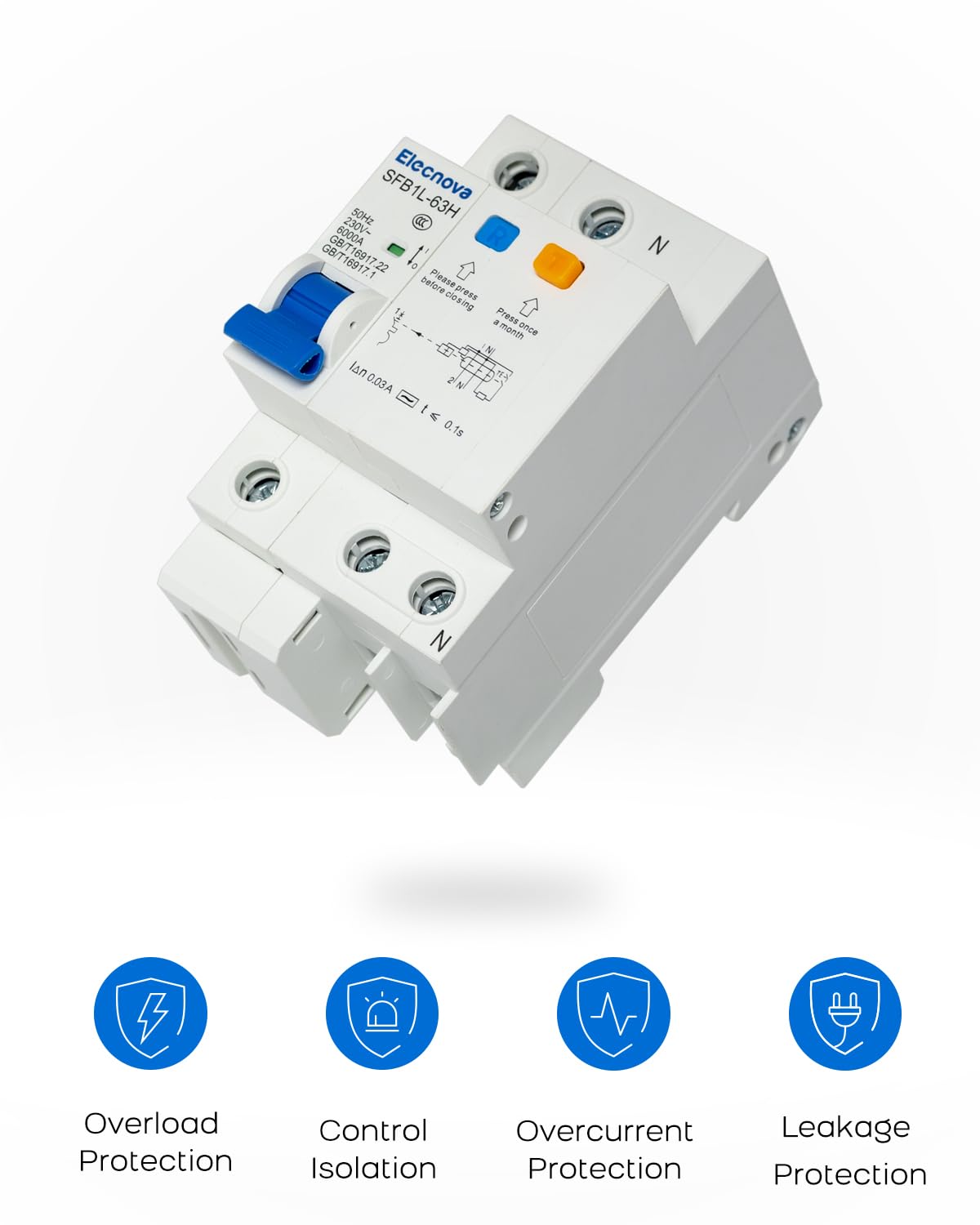 Elecnova 6-63A Miniature Circuit Breaker, 1Pole+N AC 20 Amp 230V, DIN Rail Mounted, Circuit Leakage, Overload, Short-Circuit Protection, 110V / 120V Available