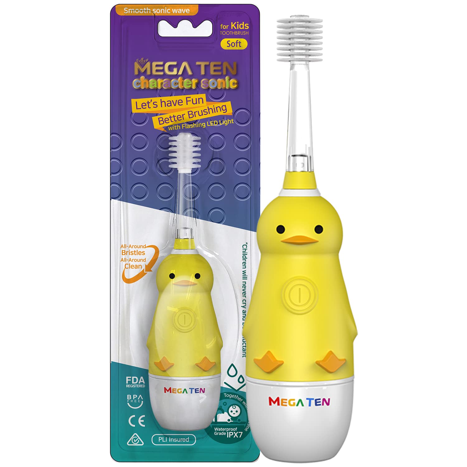 MEGA TEN 360-Degree Kids Electric Toothbrush Made in Korea | LED Light & Soft Microfiber Bristles & Comfortable Grip | Fun & Easy Brushing for Kids 12-48 Months | Built-in Timer | BPA Free | Duck