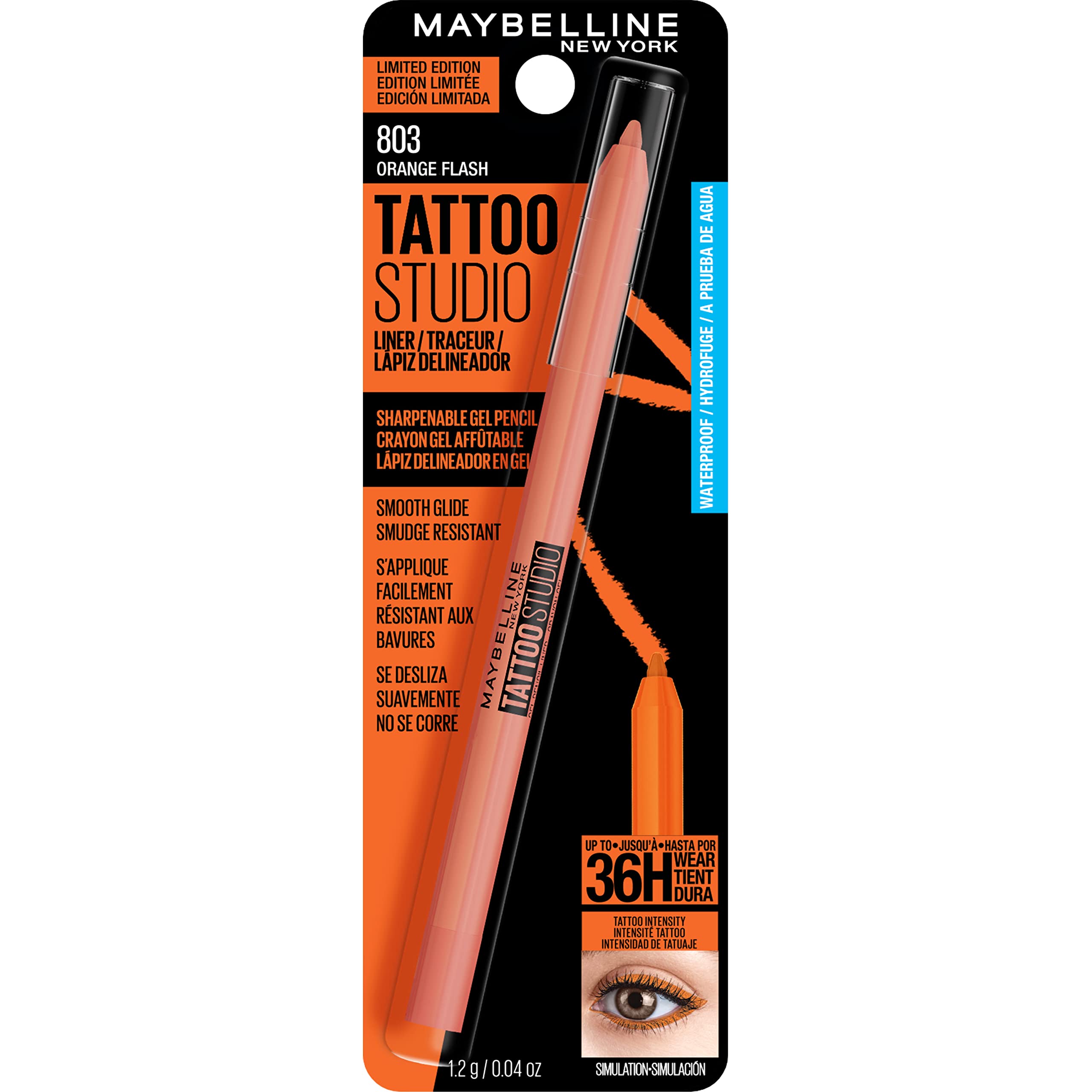 MAYBELLINE New York Tattoo Studio Long-Lasting Sharpenable Eyeliner Pencil, Glide on Smooth Gel Pigments with 36 Hour Wear, Waterproof Orange Flash 0.04 oz