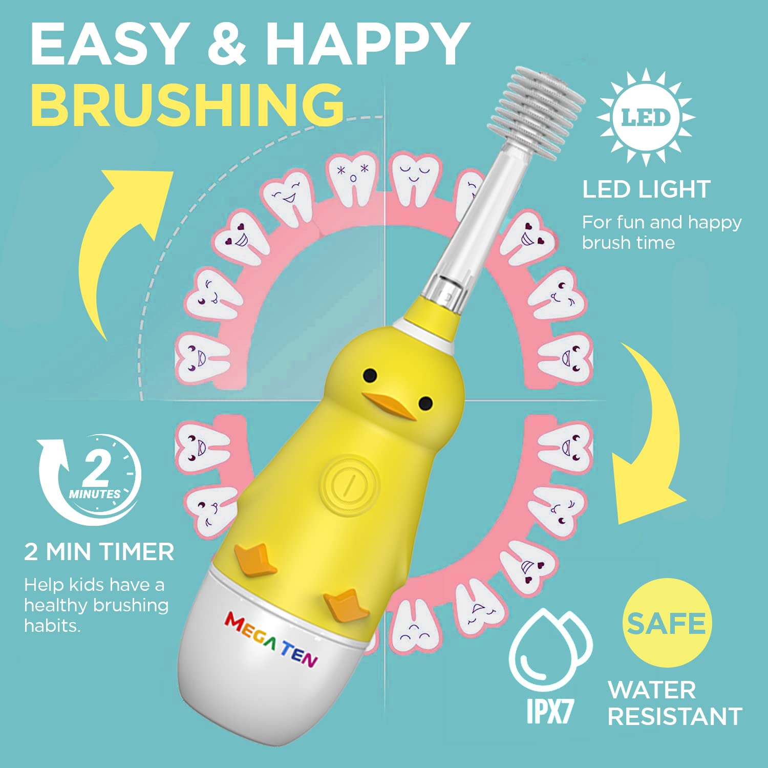 MEGA TEN 360-Degree Kids Electric Toothbrush Made in Korea | LED Light & Soft Microfiber Bristles & Comfortable Grip | Fun & Easy Brushing for Kids 12-48 Months | Built-in Timer | BPA Free | Duck