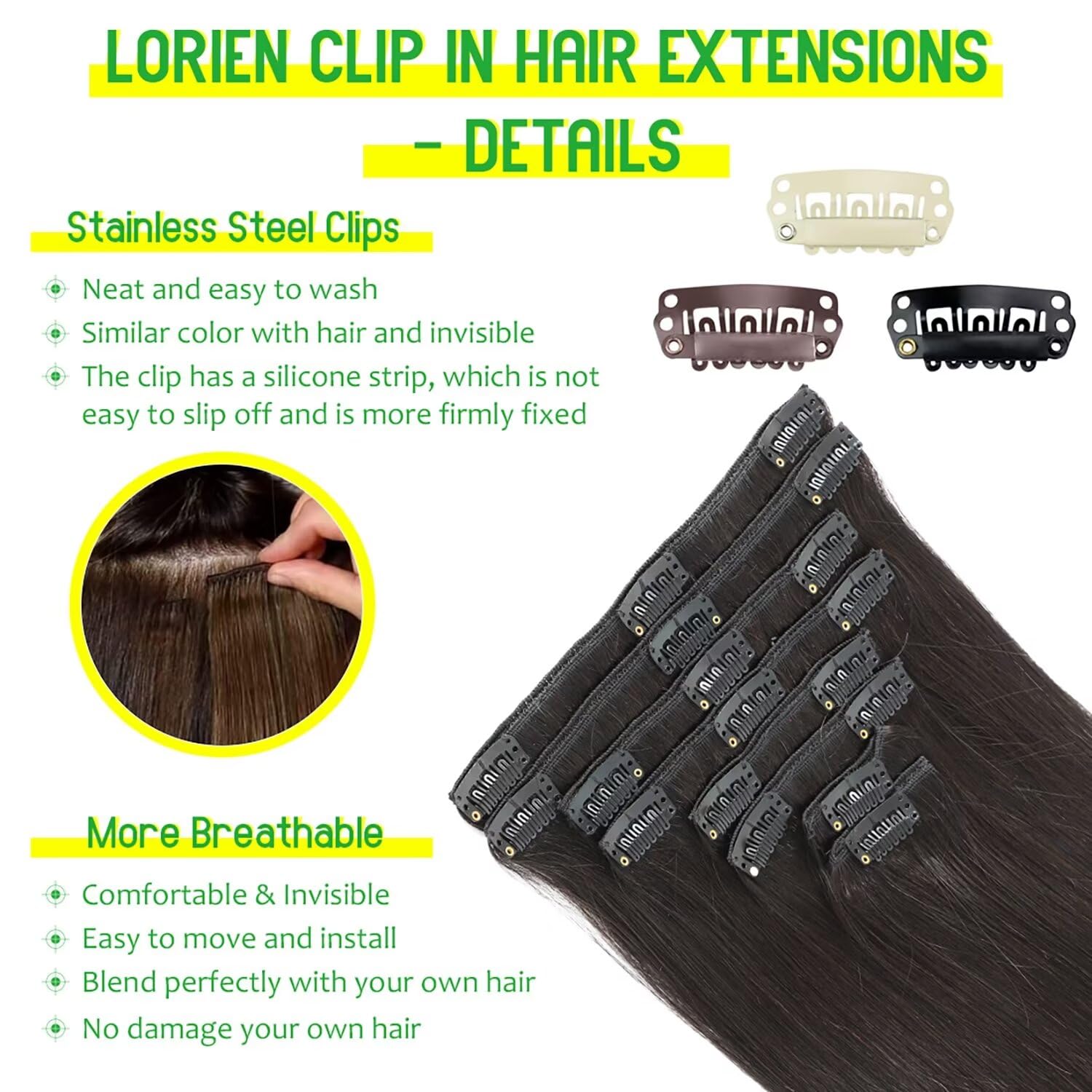 LORIEN Clip in Hair Extensions Real Human Hair, 16 Inch 90g, 1B Natural Black, Clip in 100% Brazilian Remy Human Hair Extensions 8pcs Per Set with 18 Clips Double Weft