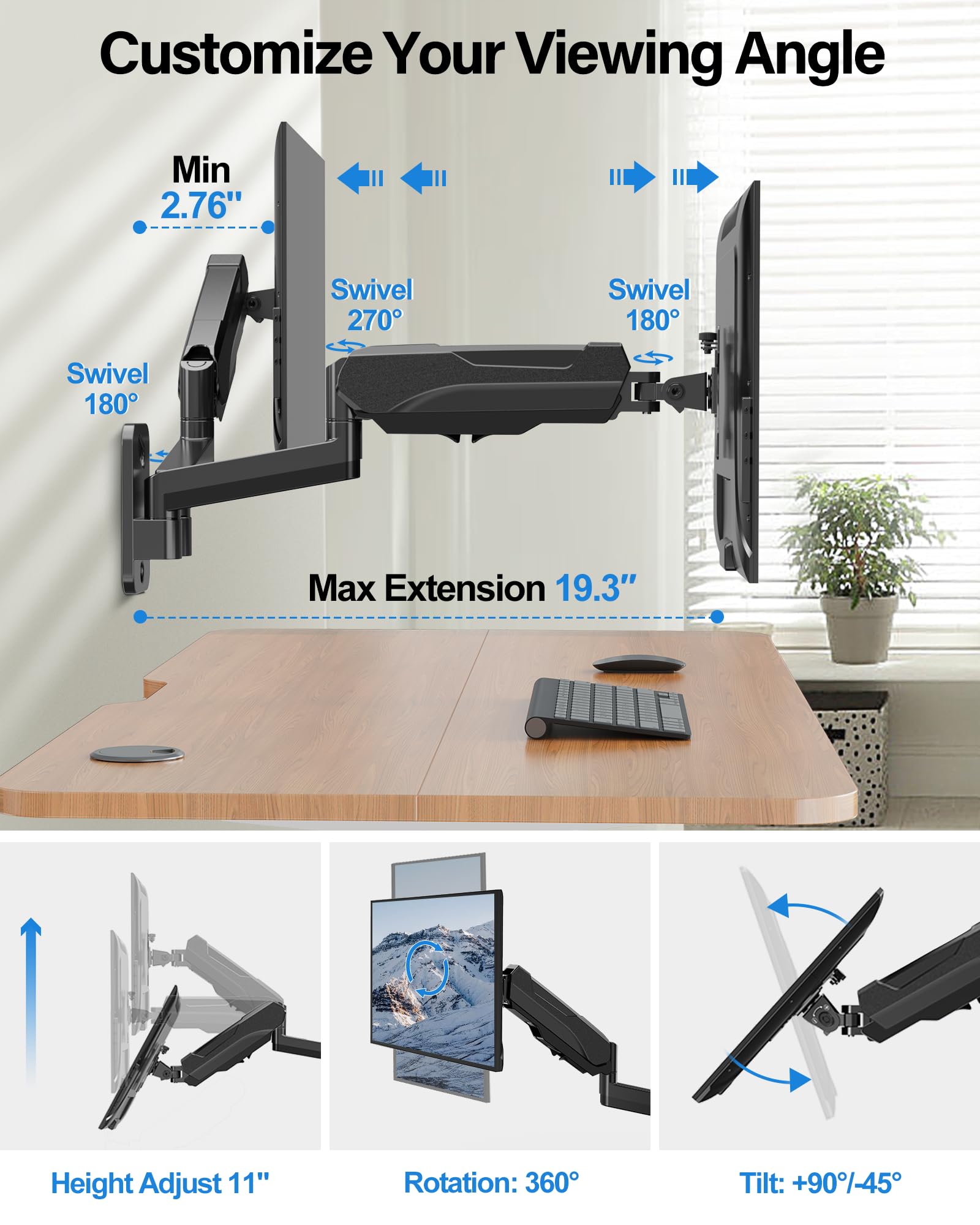 MOUNTUP Dual Monitor Wall Mount for 2 Max 32 Inch Computer Screen, Fully Adjustable Gas Spring Double Monitor Arm, Wall Mounted Monitor Holder Support 2.2-17.6lbs Display, VESA Bracket 75x75, 100x100