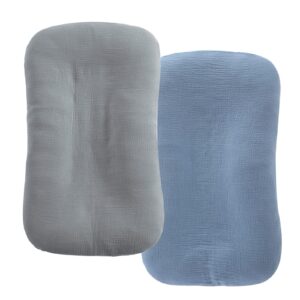 hombys muslin baby lounger cover 2 pack for newborn, 100% cotton lounger slipcover, ultra soft removable cover for infant lounger pillow (blue & grey)