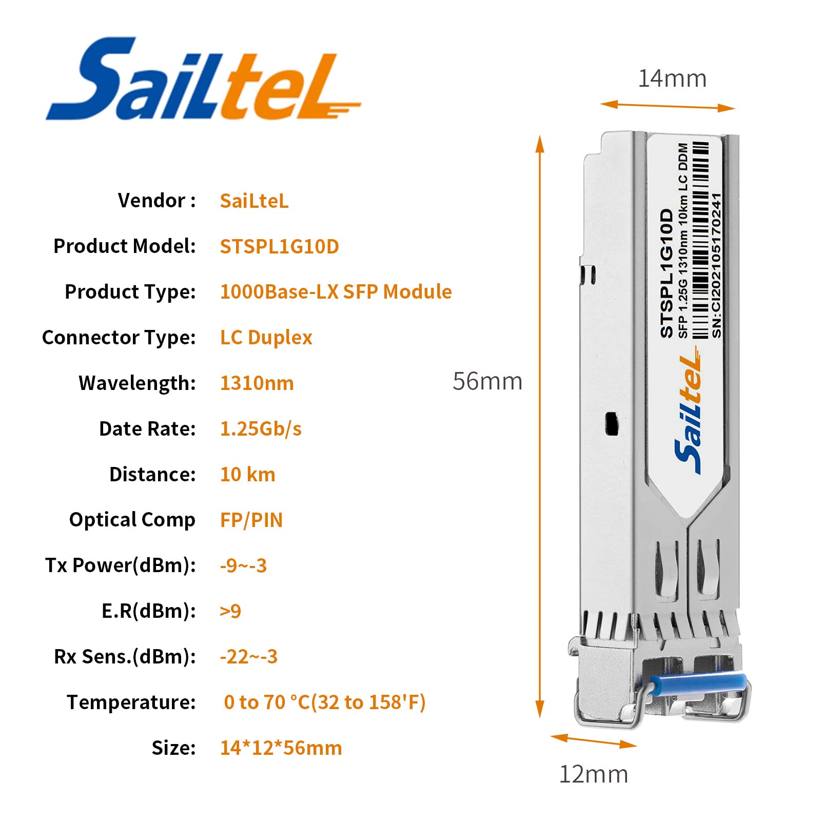 1.25 Gigabit Single Mode LC Duplex Transceiver,1000Base-LX Dual Fiber SFP Module,1310nm SMF, up to 10 km,DDM，Compatible with Cisco, Ubiquiti, Mikrotik,Netgear, Dlink and More (10Pack)