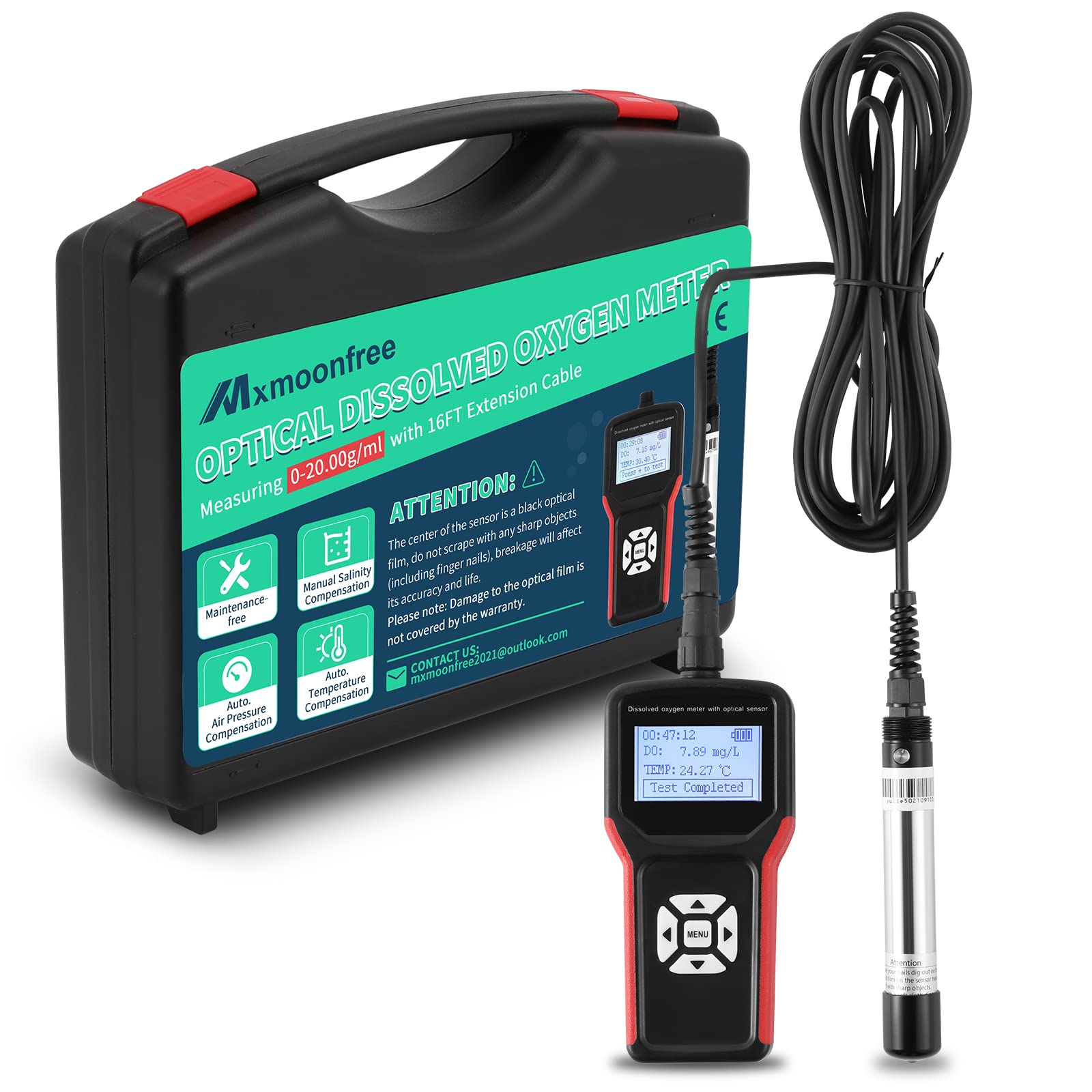 Mxmoonfree Optical Dissolved Oxygen Meter, 16 Ft Optical DO Probe with a Storage Case