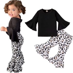 little toddler baby girl bell-bottom pants leggings outfit flared-sleeve top + leopard print flared trousers suit