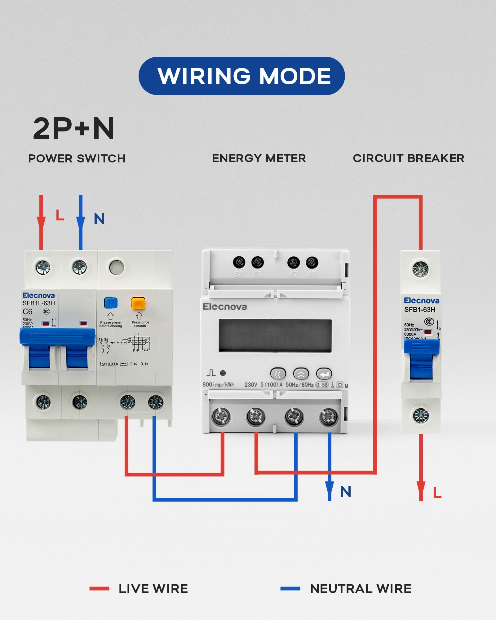 Elecnova 6-63A Miniature Circuit Breaker, 2Pole+N AC 63 Amp 230V, DIN-Rail Mounted MCB, Circuit Leakag, Overload, Short-Circuit Trip, 110V / 120V Available