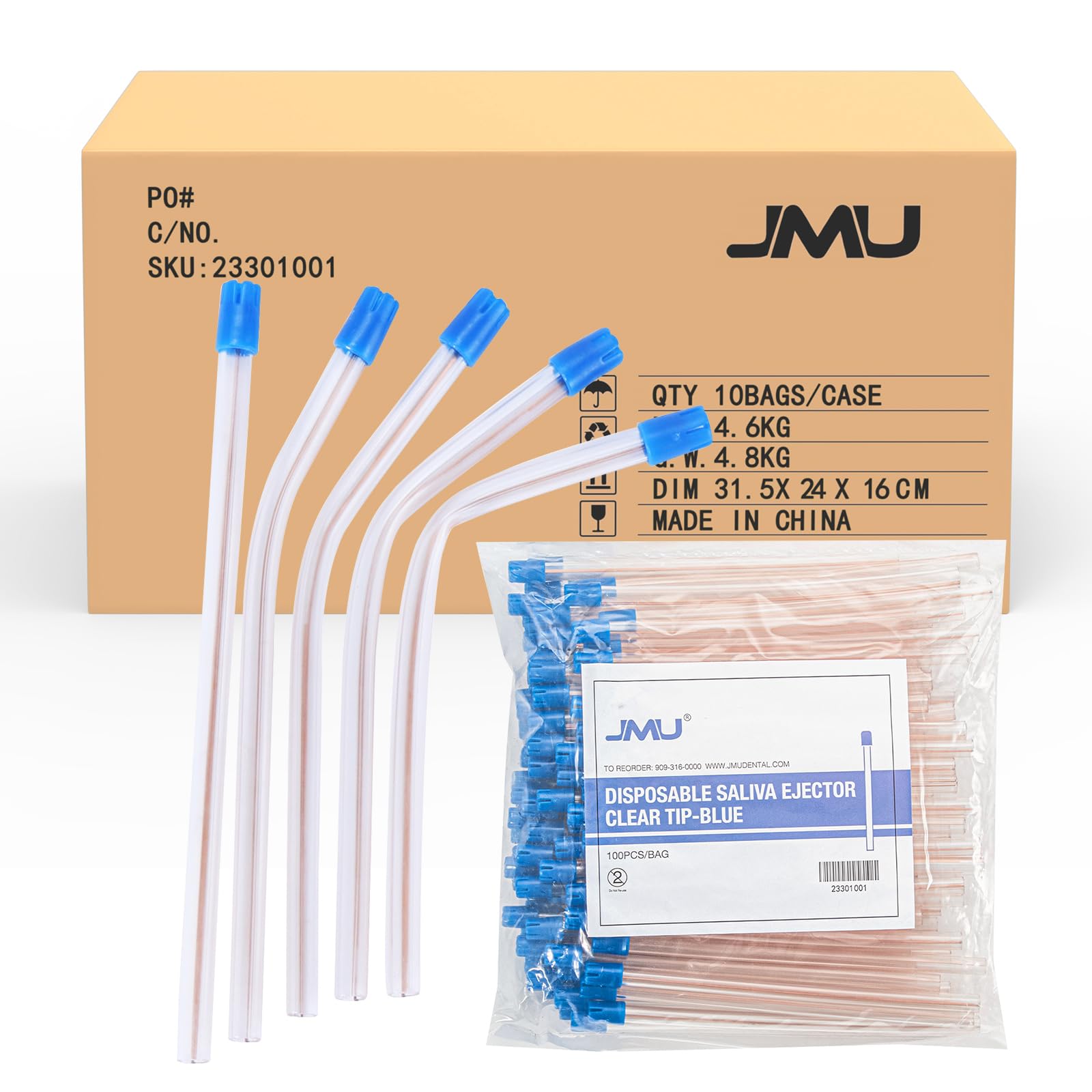 JMU 1000pcs Dental Saliva Ejectors, Disposable Suction Tips Clear Tube with Blue Tip, 10 Bags