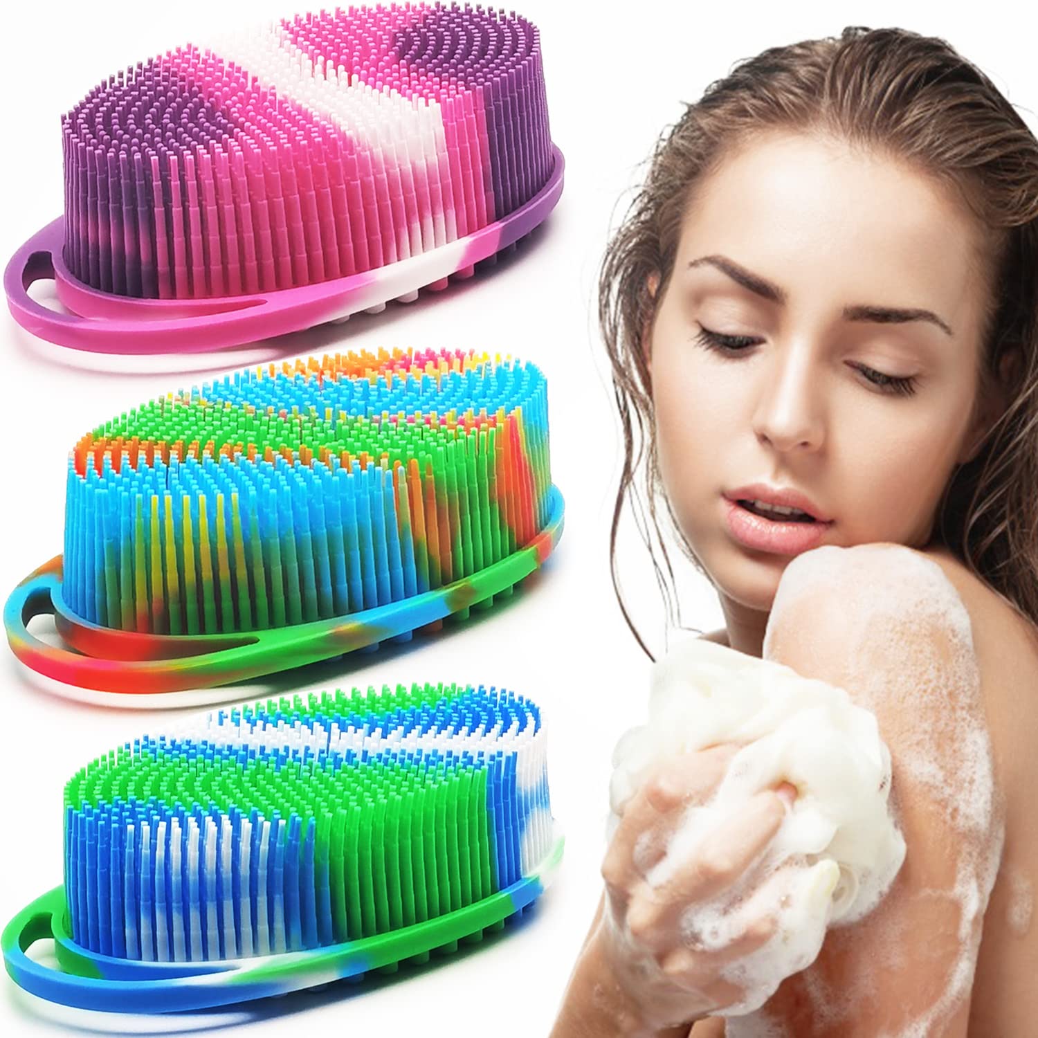 Silicone Body Brush, Exfoliating Body Scrubber, Silicone Body Scrubber Loofah, Silicone Bath Brush, Soft Exfoliating Body Bath Shower Scrubber Brush for Kids and Adults All Kinds of Skin 3 Pack