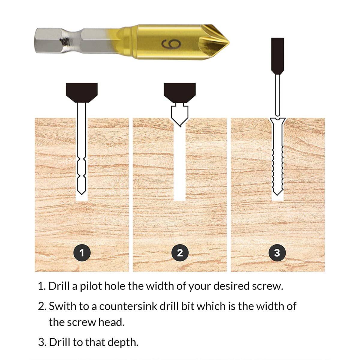 Countersink Drill Bit Set 3 Pcs 5 Flute Counter Sinker Drill Bits Tools HSS 1/4" Hex Shank for Wood Metal Quick Change 6mm 8mm 9mm(Small)