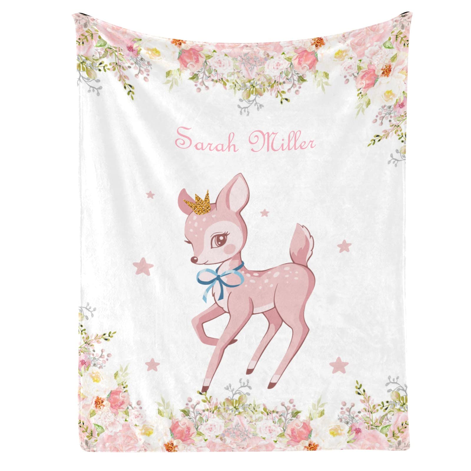 Pink Bambi Deer Floral Personalized Baby Blanket for Boys Girls Custom Naps Swaddle Blanket Shower Soft Newborn 30X40 in