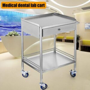 Lab Serving Cart, 2-Layer Utility Cart Stainless Steel with Wheels Rolling Cart, Commercial Wheel Dental Lab Cart Utility Services with Single Drawer and Silent Omnidirectional Lockable Wheel